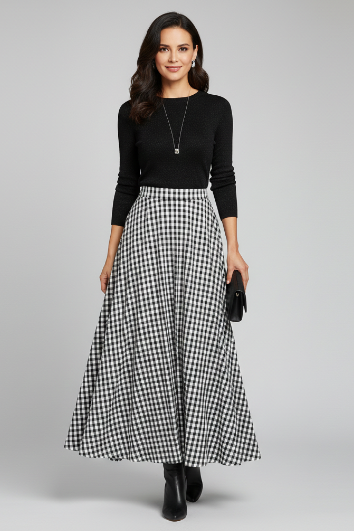 Model wearing checkered maxi black skirt and black top on gray background