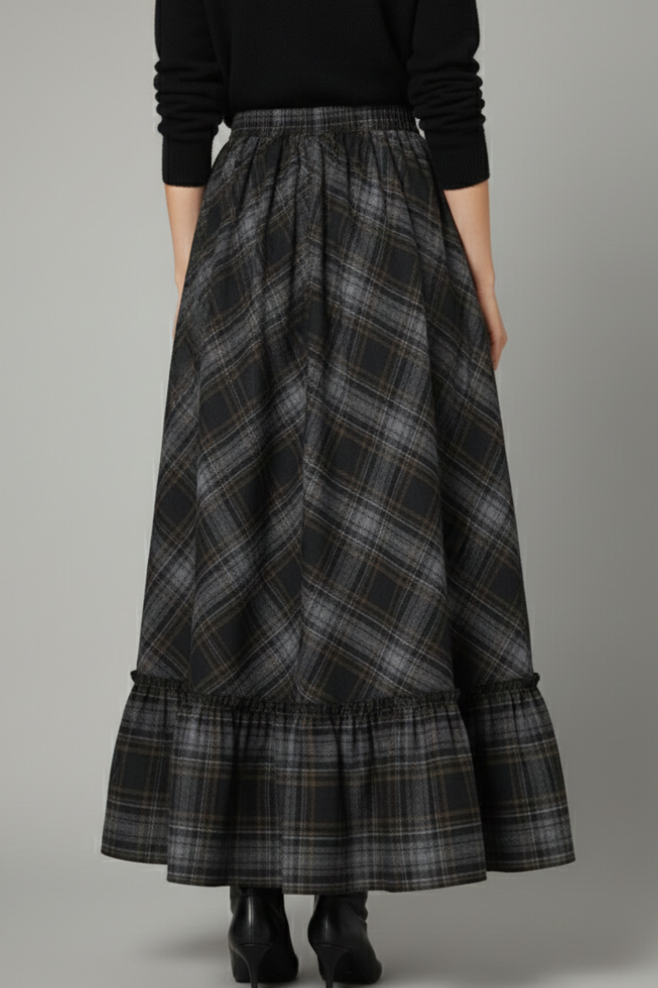 Back view of floor-length skirt with model