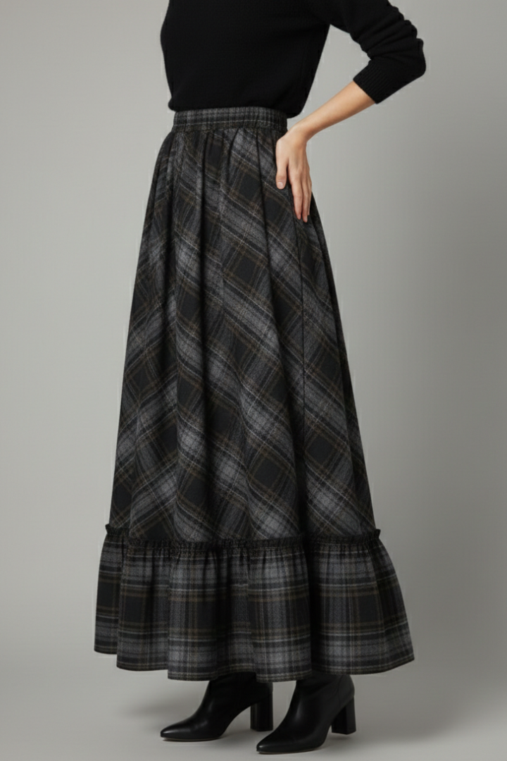 Side angle of textured maxi skirt on model