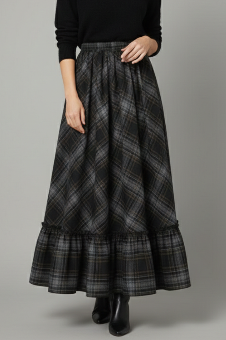 Full-body model wearing long A-line skirt 