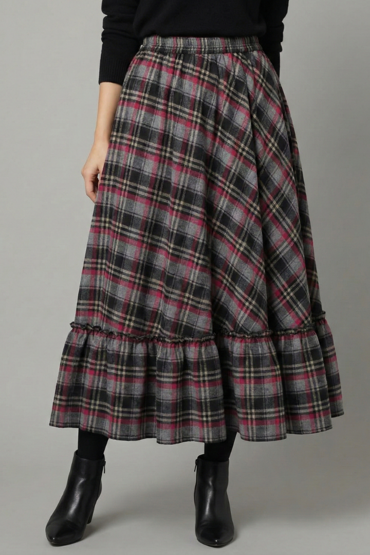 Front angle of tiered hem skirt on model
