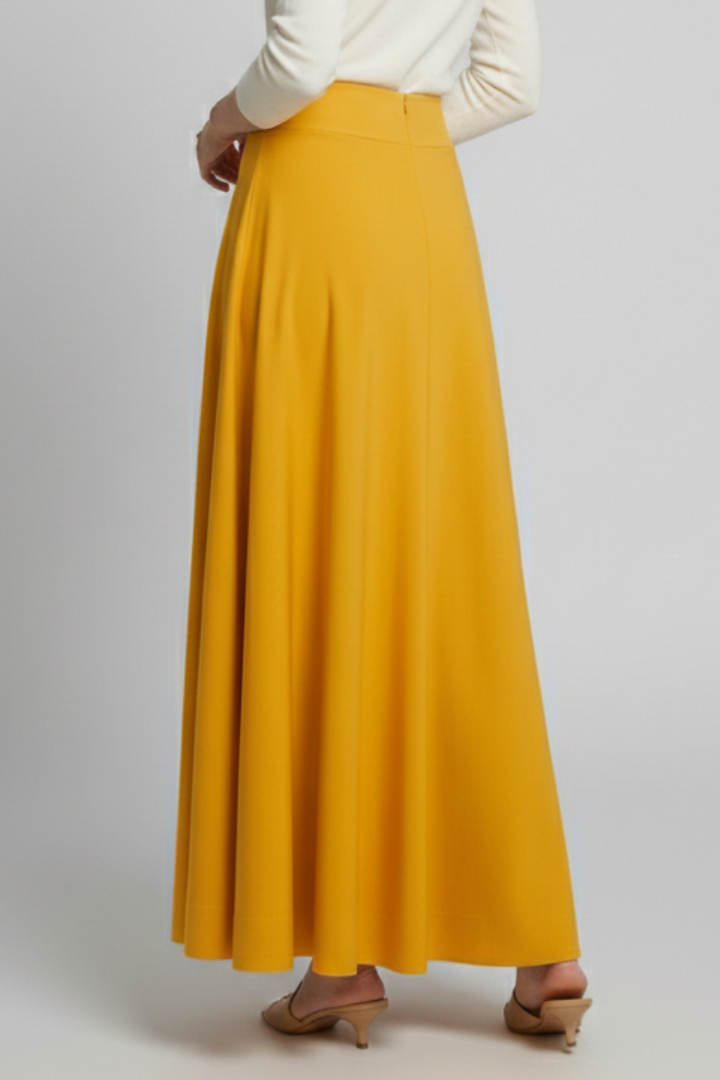 Model standing full length back angle yellow skirt 