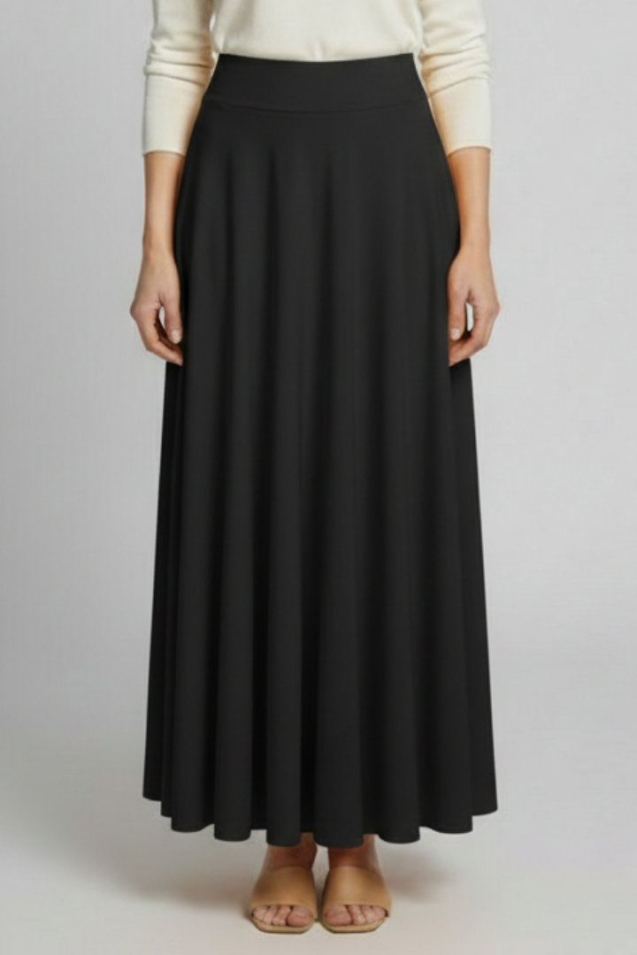High waist black skirt front pose model in gray background