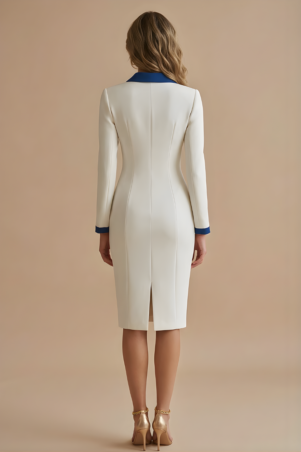 Female model in a structured long sleeve dress with a contrasting collar and front button details against a plain background.