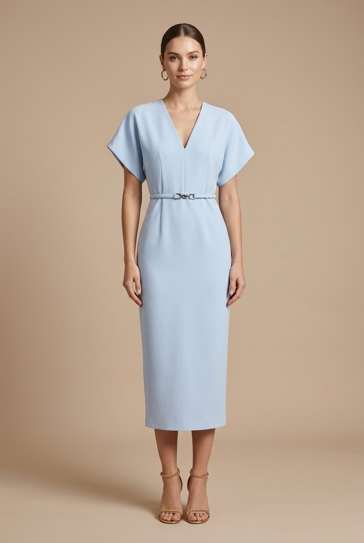 Female model wearing a V-neck midi dress with batwing sleeves and a belted waist against a plain background.