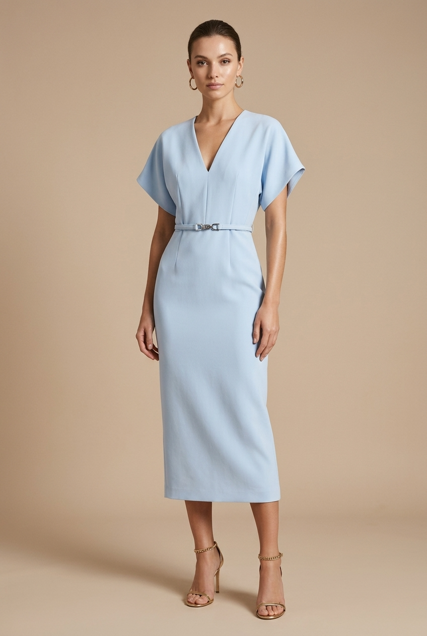 Female model in a sleek midi dress featuring a deep neckline and pencil silhouette against a plain background.