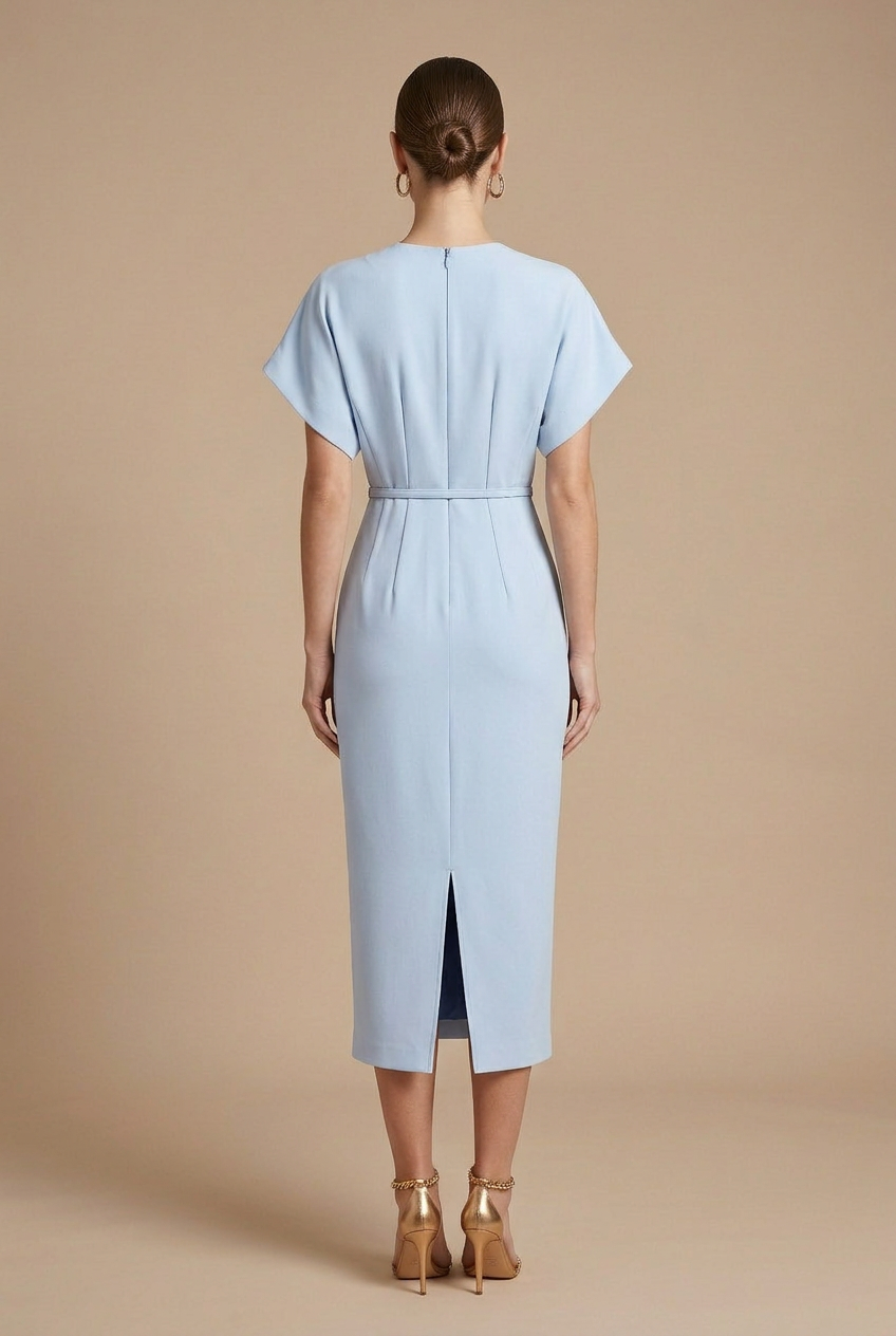 Woman wearing a belted midi dress with flowing batwing sleeves on a plain background.