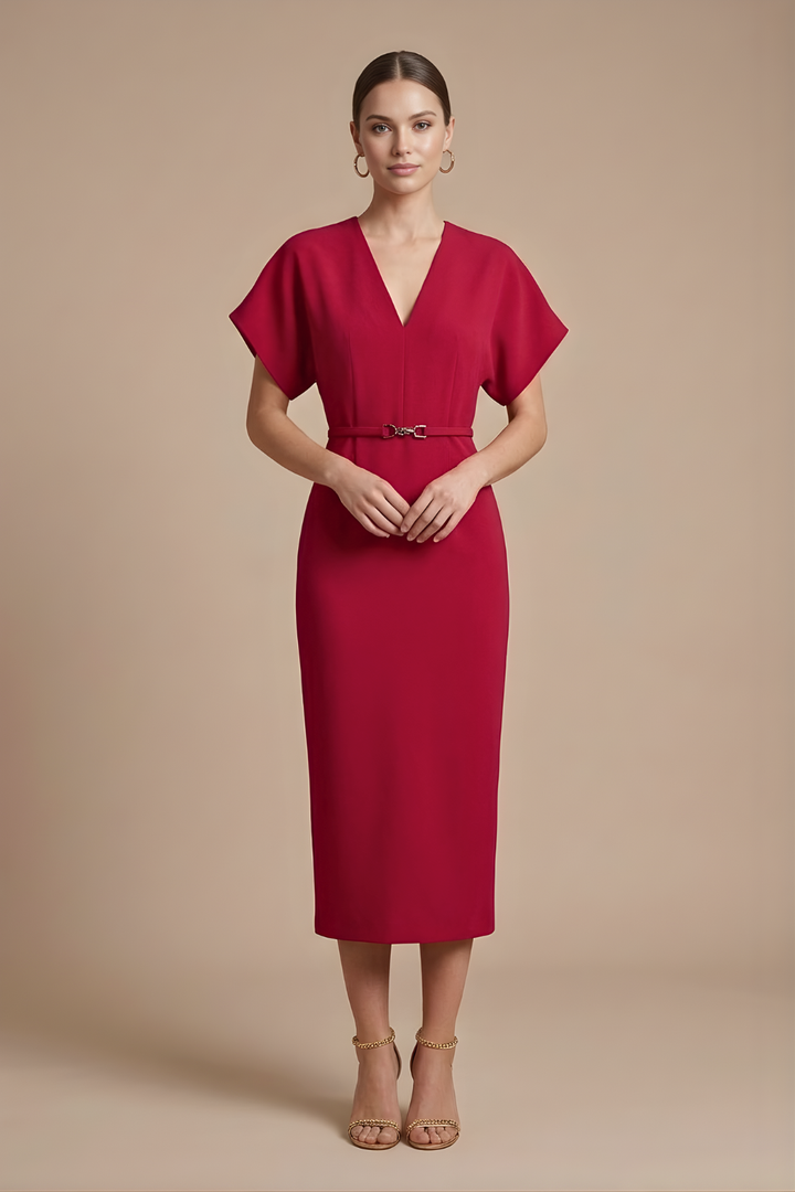 Female model displaying a streamlined midi dress with a tailored skirt and V-neck design against a p