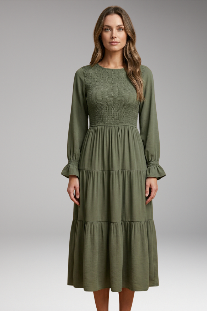 Round neckline green dress full body front studio image
