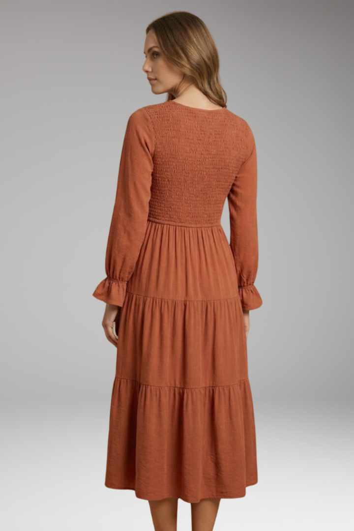 Smocked bodice midi dress back angle plain backdrop
