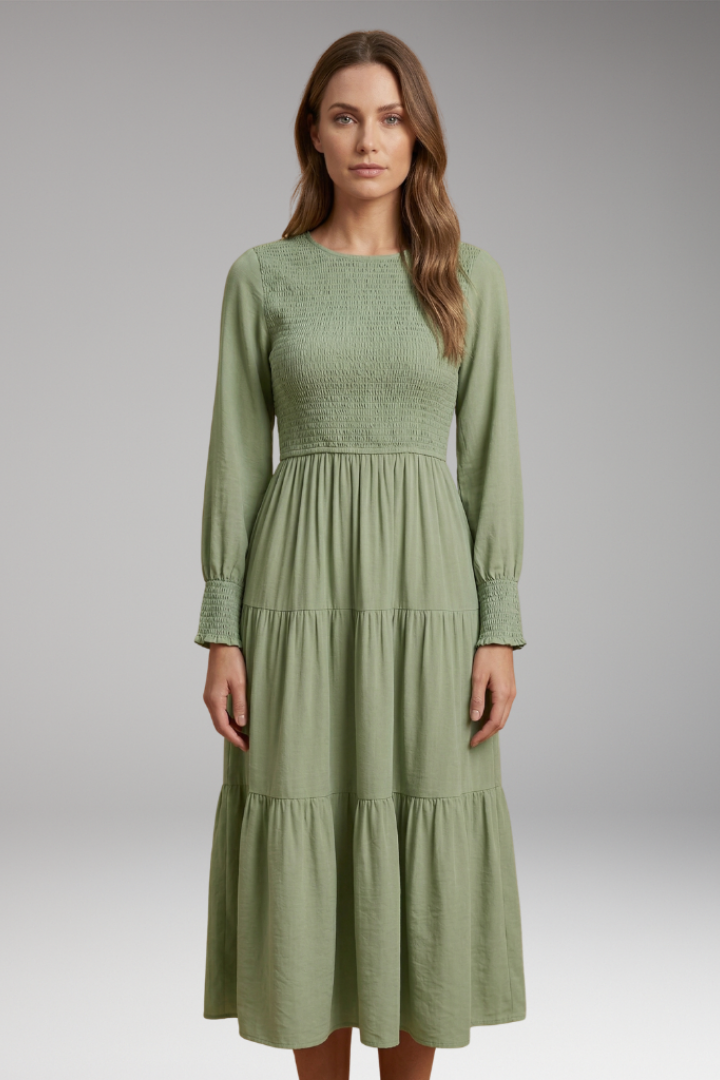 Smocked top dress with tiered skirt front view