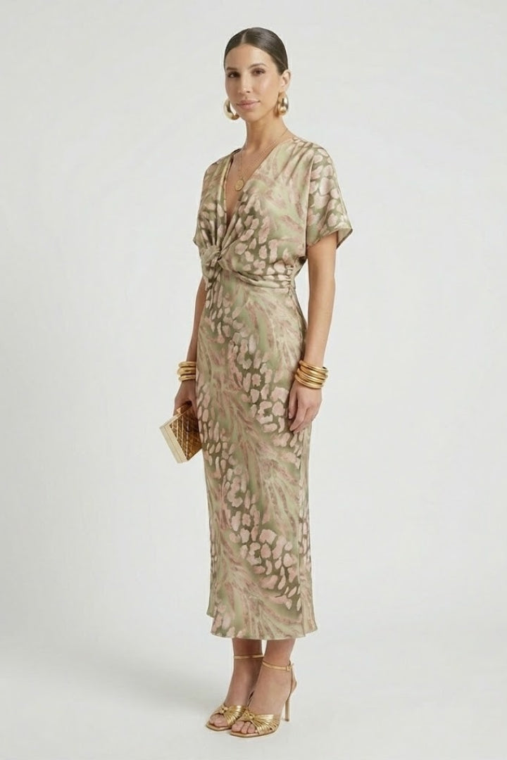 Full length floral dress displayed by model