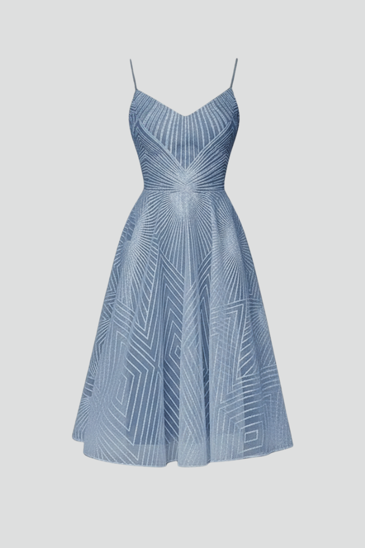 Women’s blue formal dress against neutral background