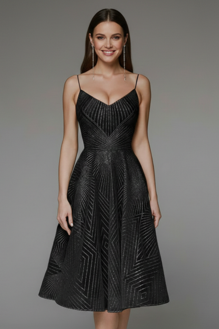 Fashion model wearing dangling earring and flared black evening party dress
