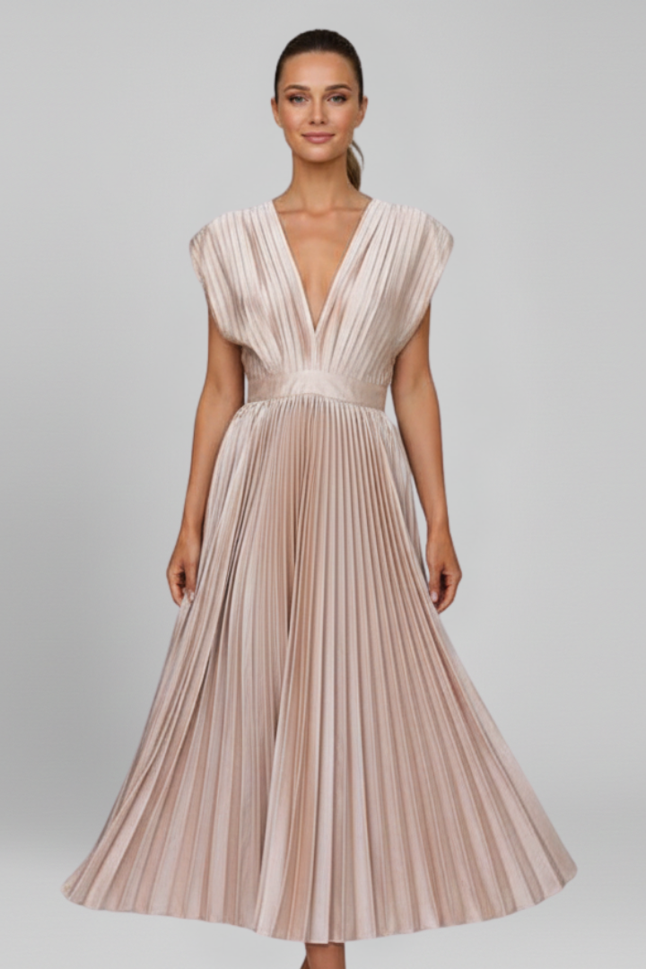 Front angle elegant dress on clean gray background