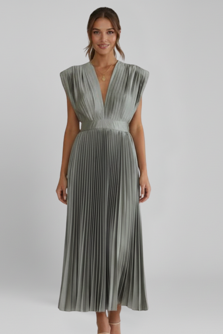 Sleeveless pleated midi dress front view gray background