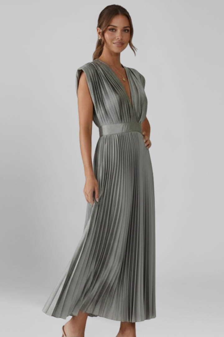 Close up view model in side pose wearing midi dress