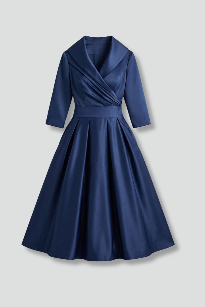 Elegant blue dress with crossover neckline front view