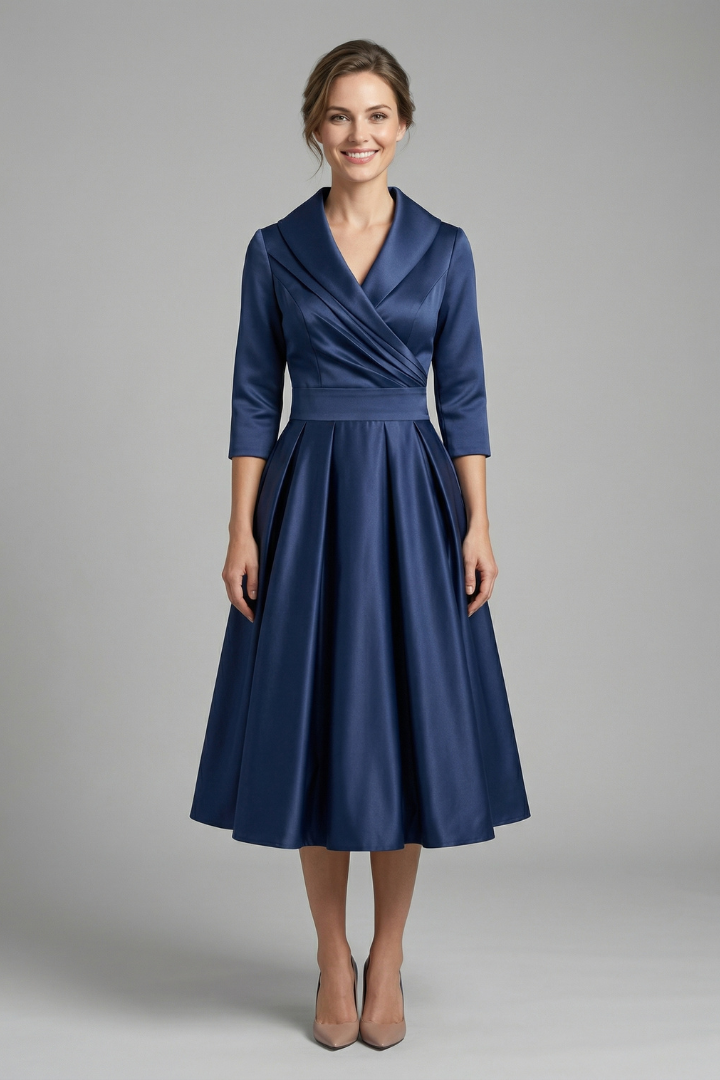 Front view blue satin midi dress gray background.