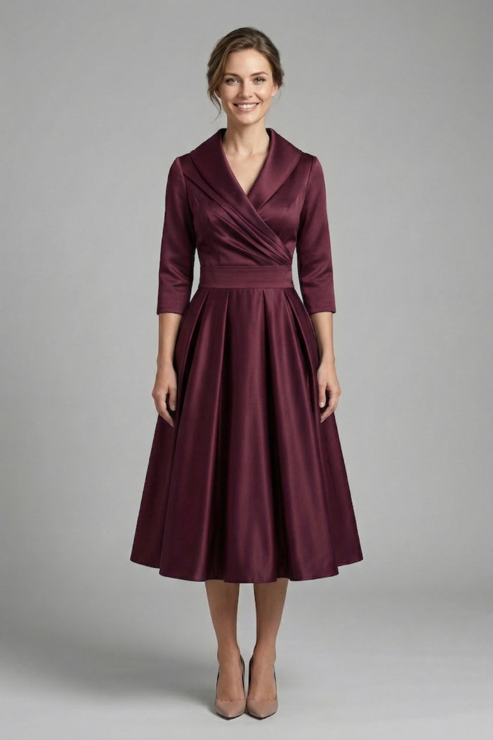 Woman on red satin dress front studio product image