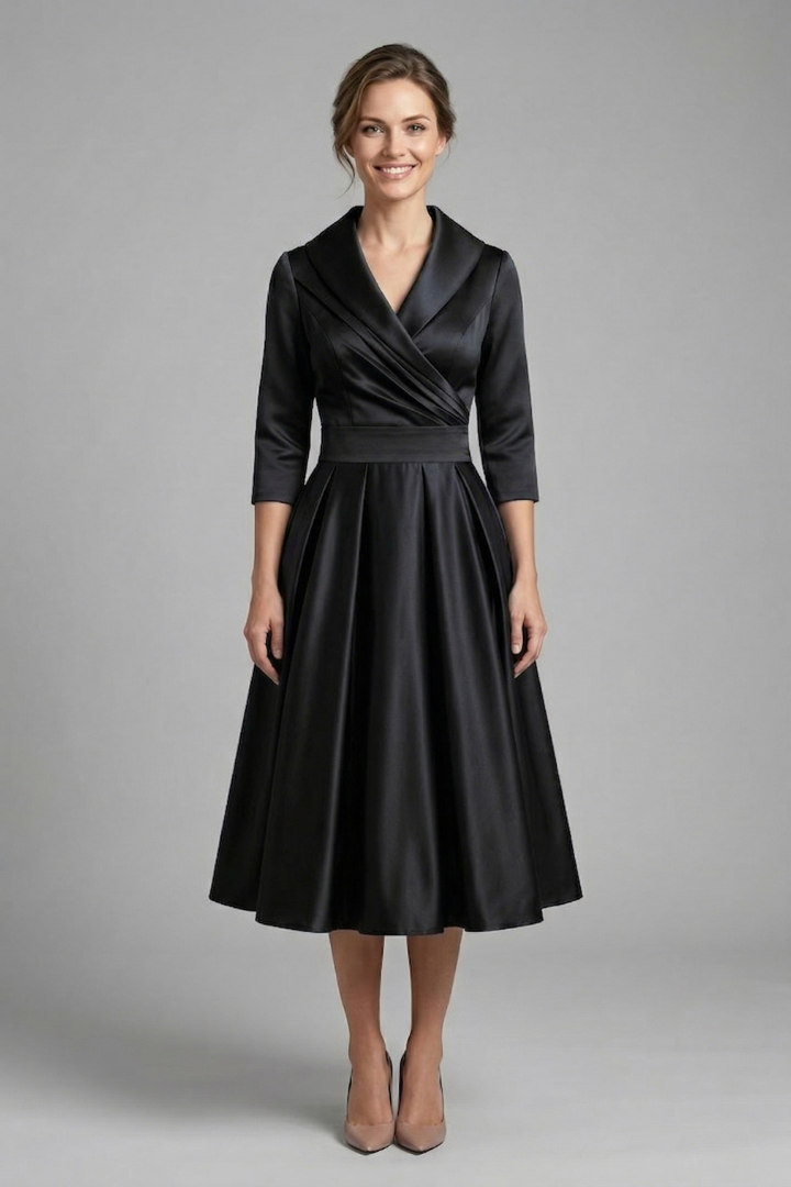 Model in flattering black wrap dress with modest hemline front
