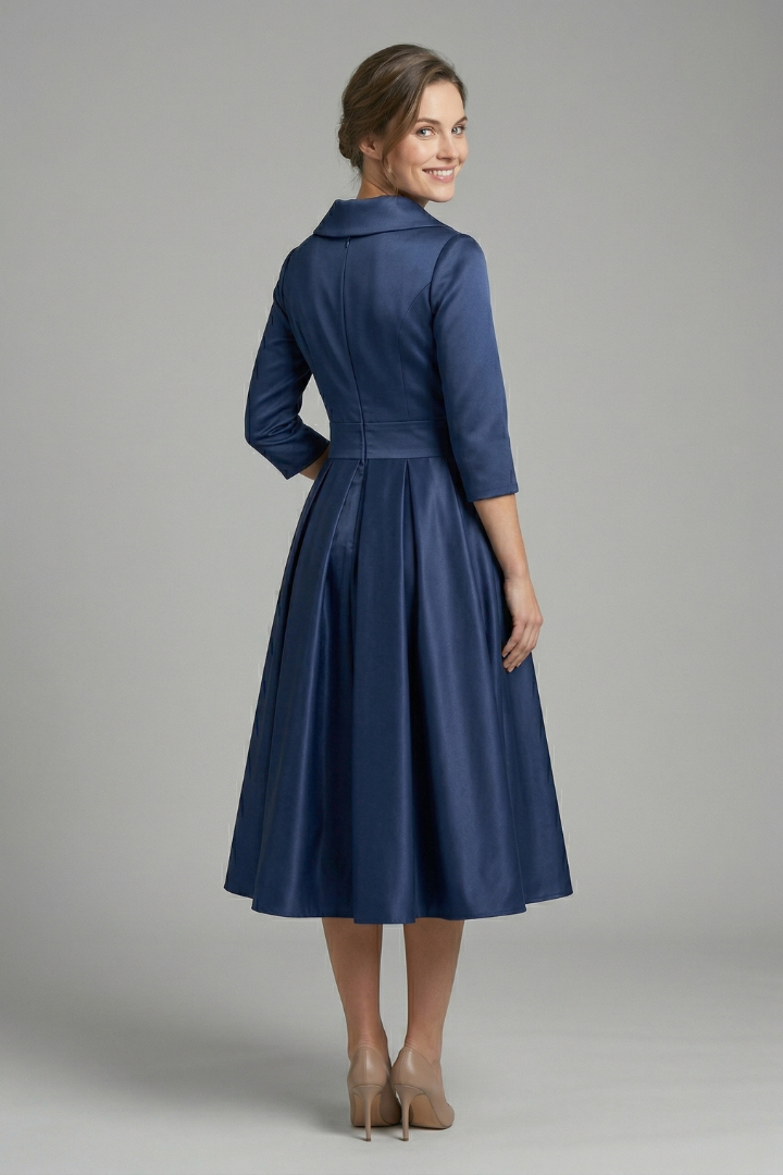 Three quarter sleeve blue dress back angle view