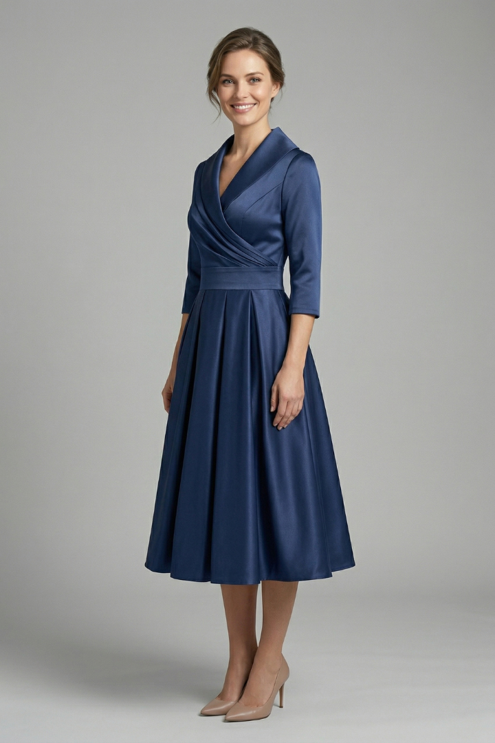 Wrap bodice blue midi dress on gray background.