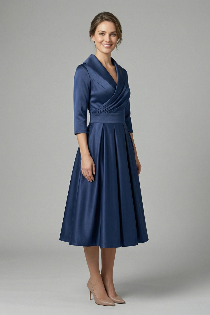 Satin blue occasion dress model standing studio background