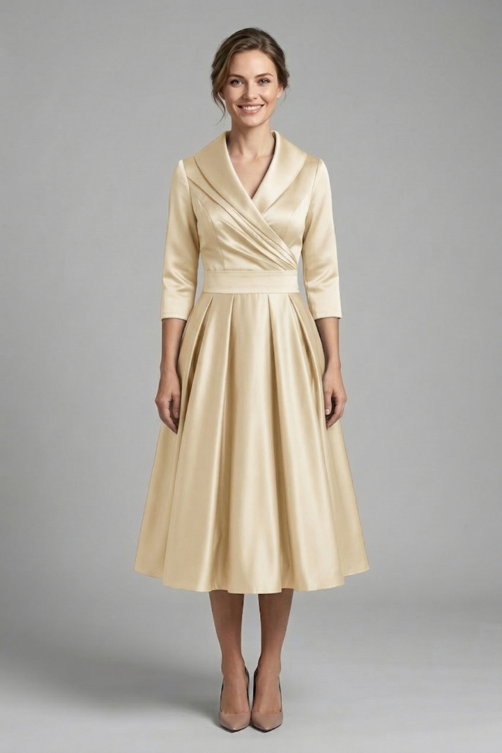 Beige knee length dress with fitted waist front