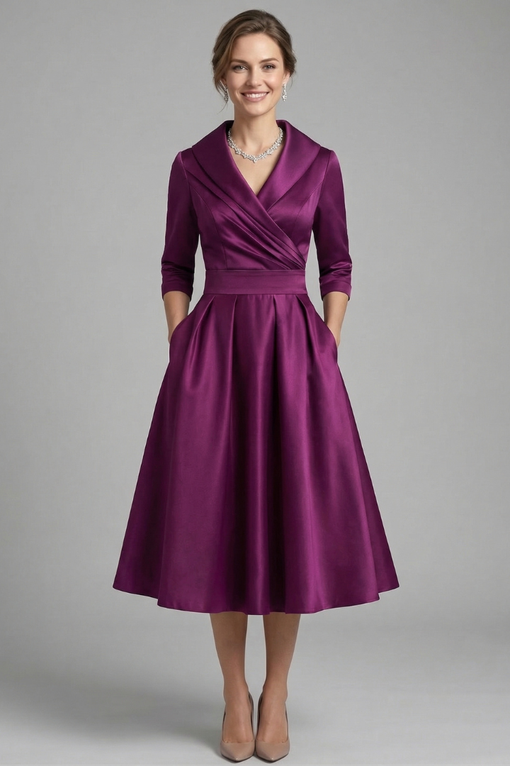 Party ready purple midi dress on model front