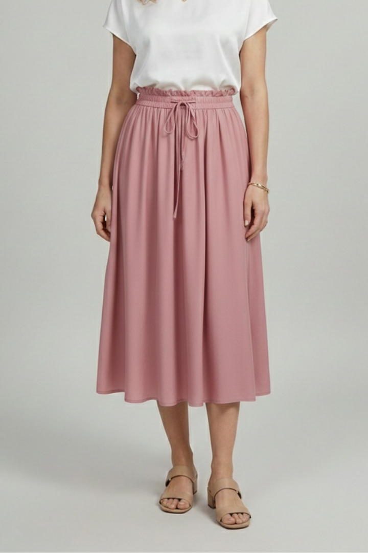 Female model in pull-on midi skirt with front drawcord accent