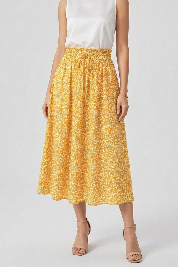Modern midi yellow skirt with soft waistband white background