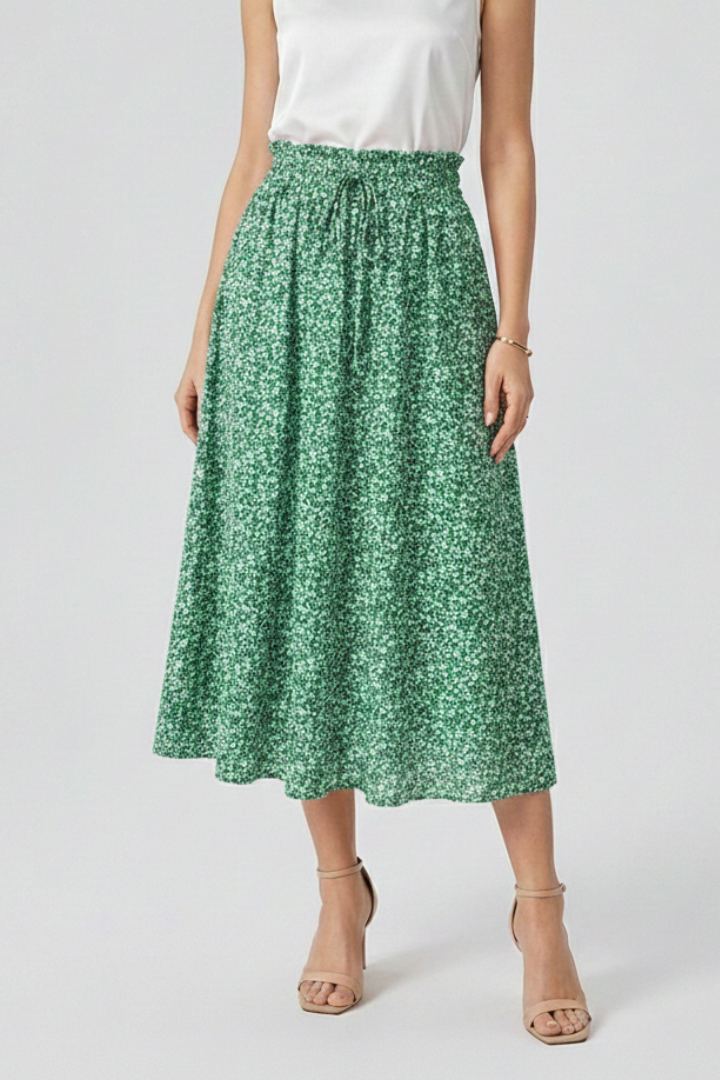 Adjustable drawstring green skirt for women studio product shot