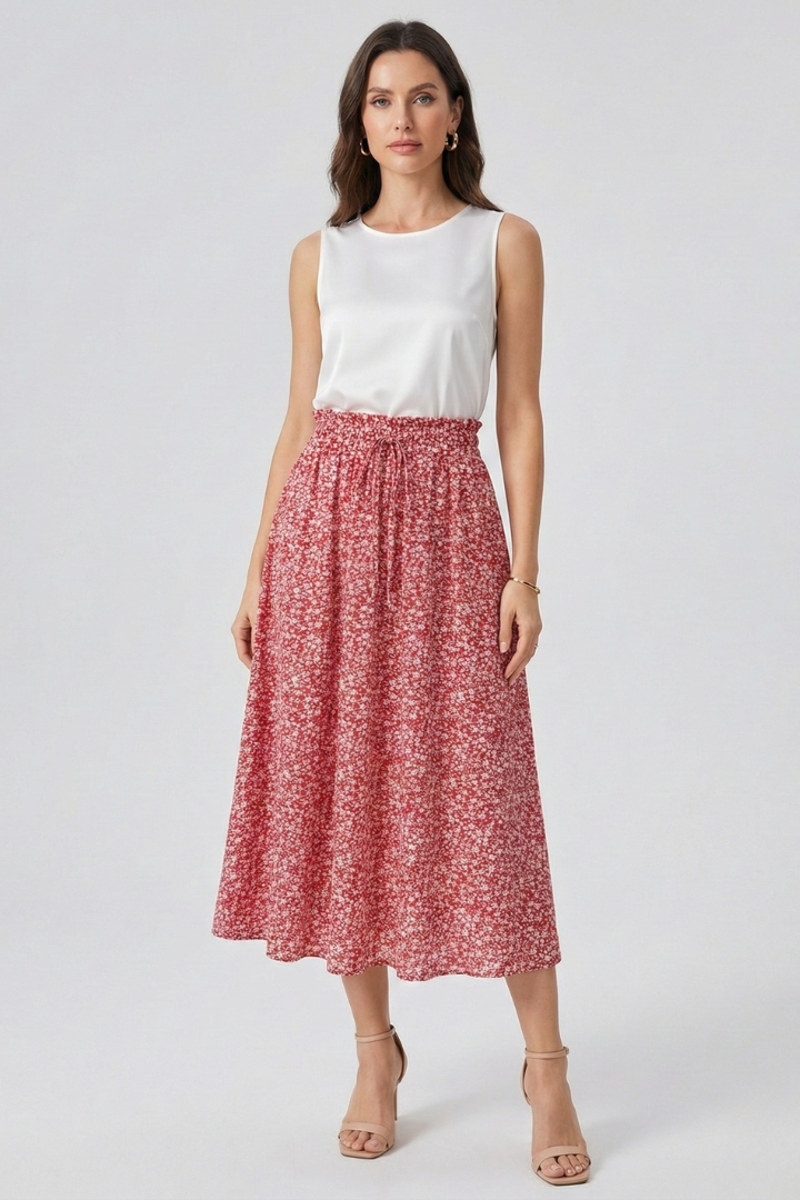 Model in midi skirt with drawstring front on white background