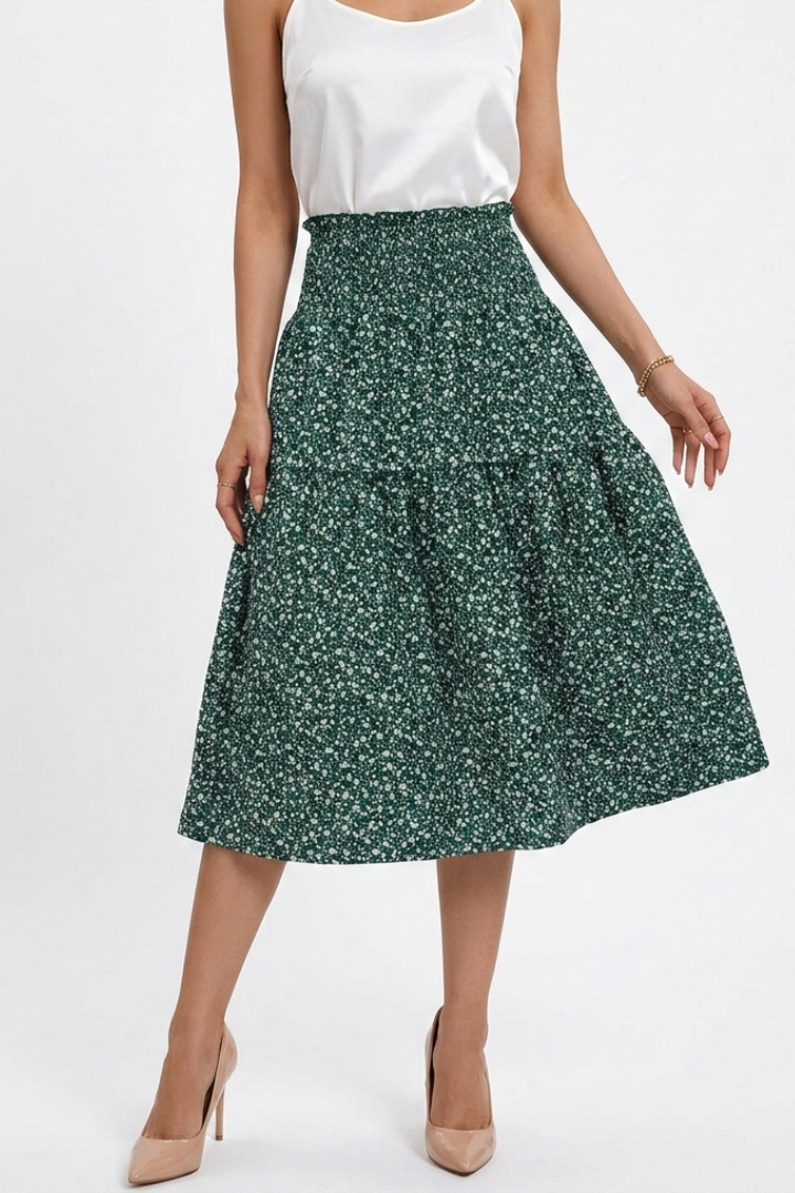 Mid-length printed skirt centered on white background