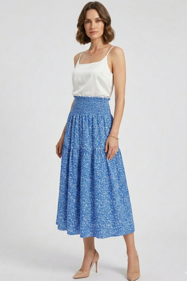 Elastic waist printed skirt full front studio shot