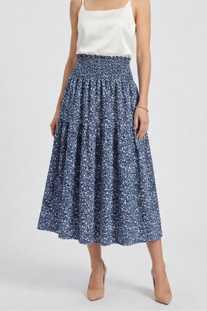 Floral printed skirt hanging front on white background
