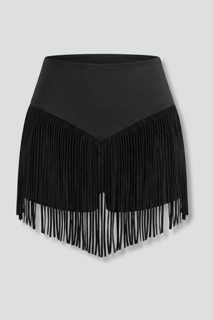 Front angle of black skirt on plain gray background
