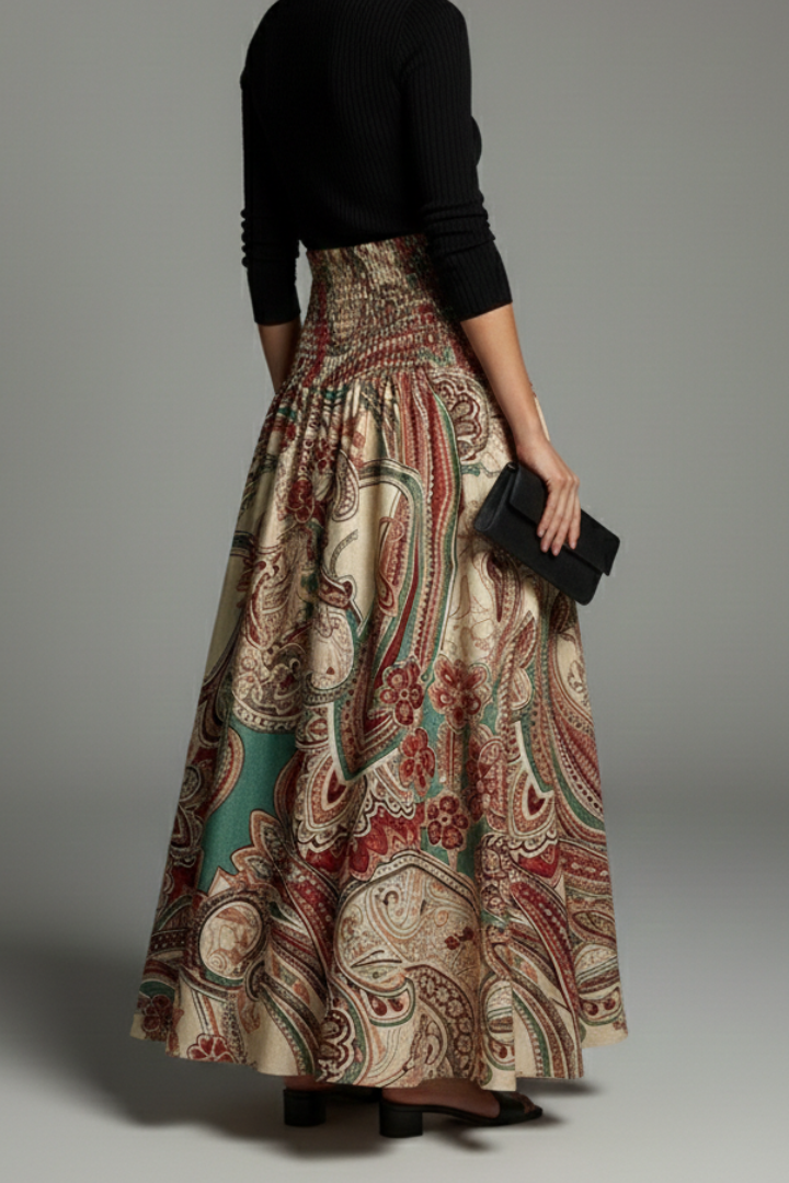Flared skirt back display in neutral backdrop