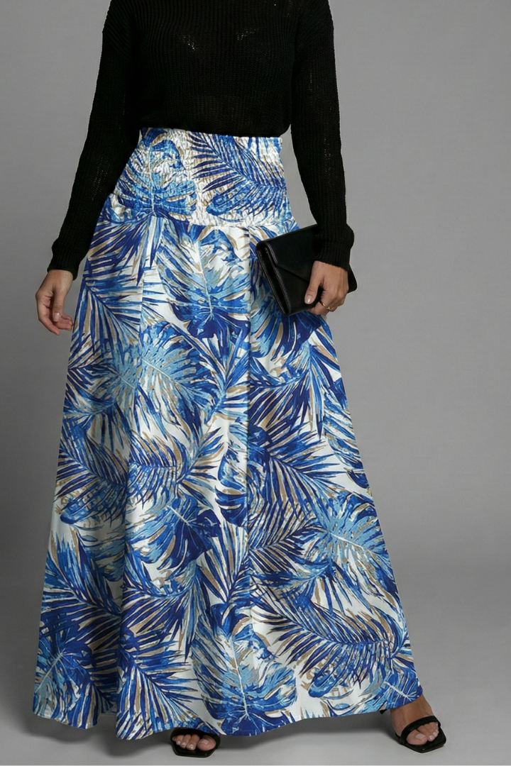 Model in mid length blue skirt front angle isolated display