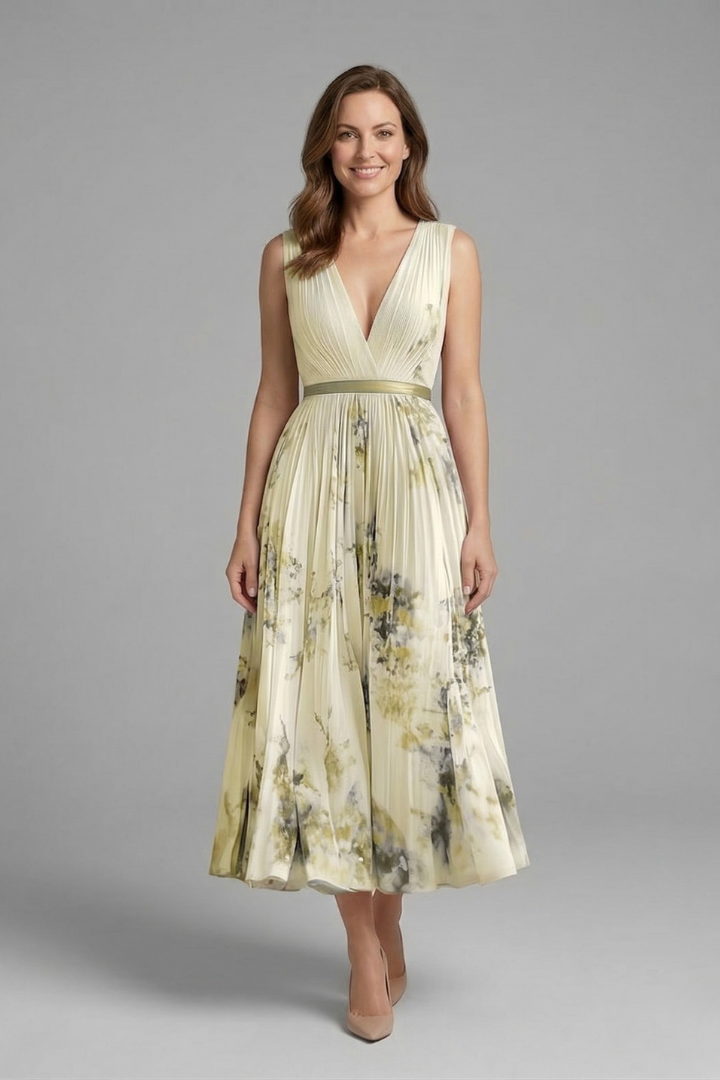 Full body gray background flared dress