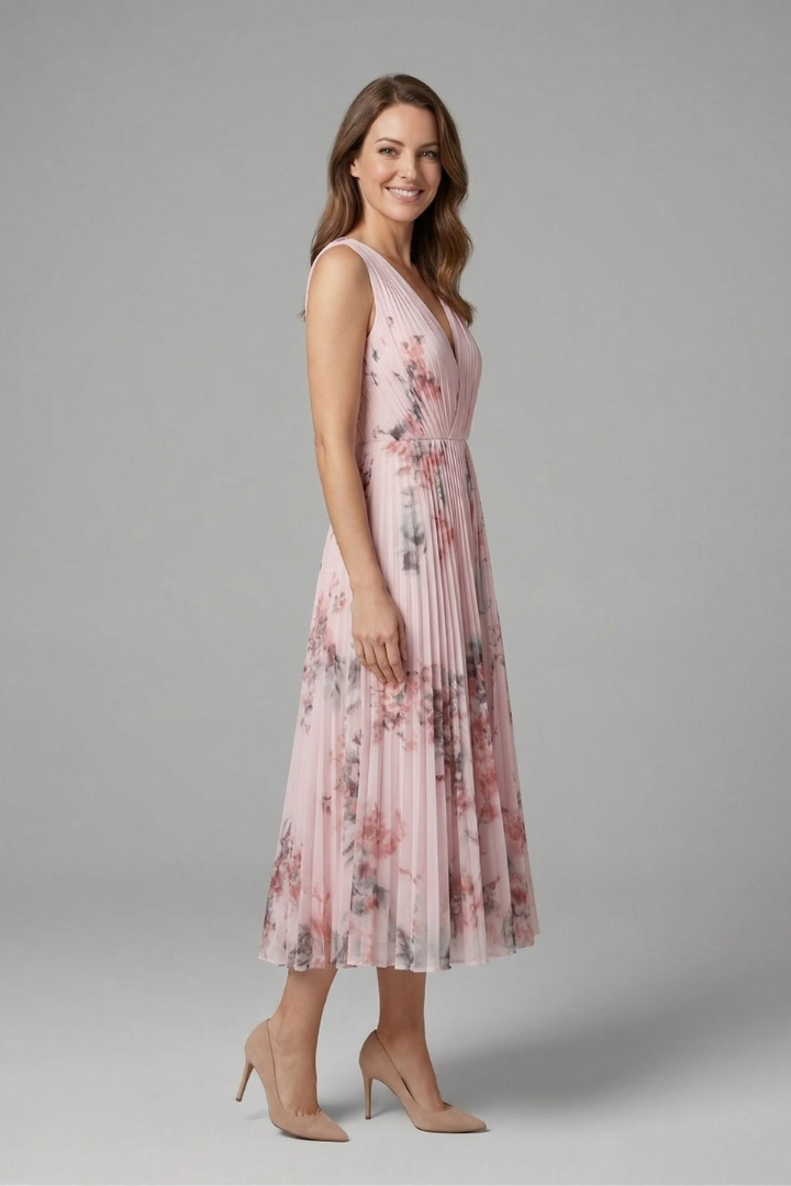 Model walking pose gray background midi dress in heels