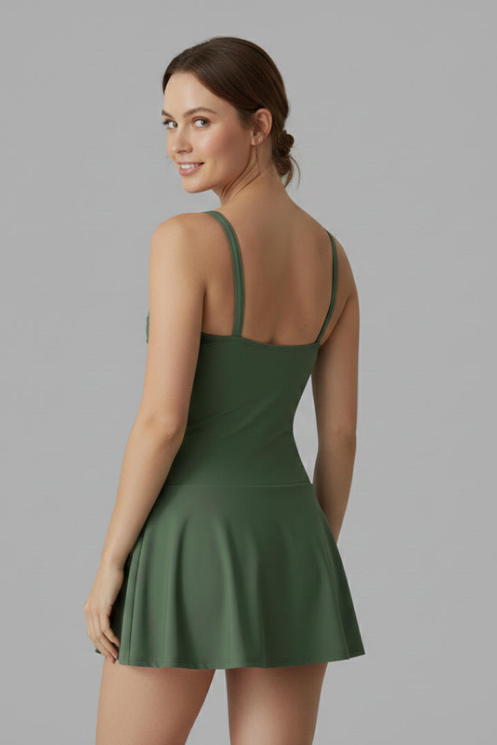 Stylish one-piece beachwear front shot on grey background