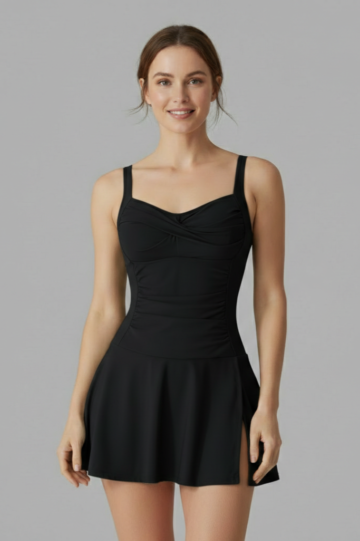 Flared hem black swimsuit with structured straps front angle