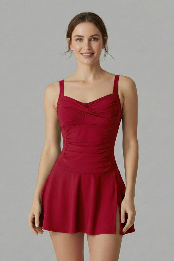 Skirted red swimwear garment shown neatly in studio lighting