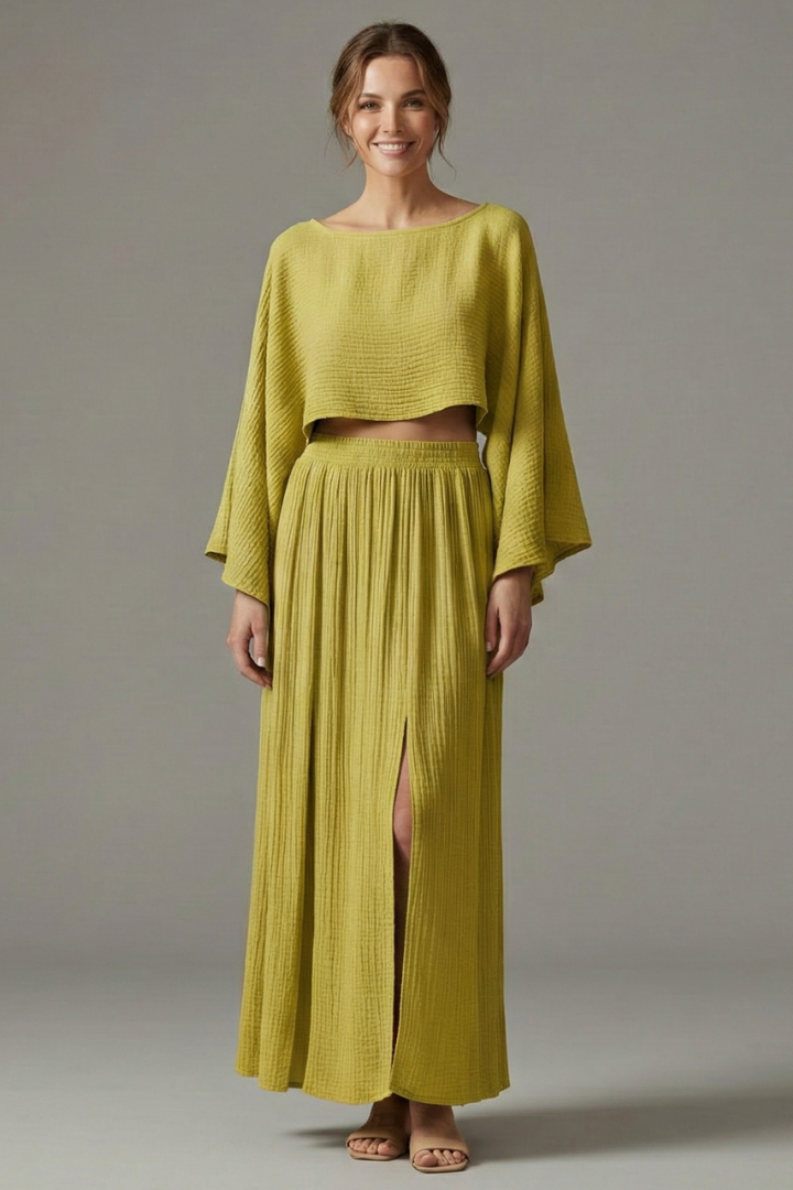 Front pose model wearing textured fashion yellow color set