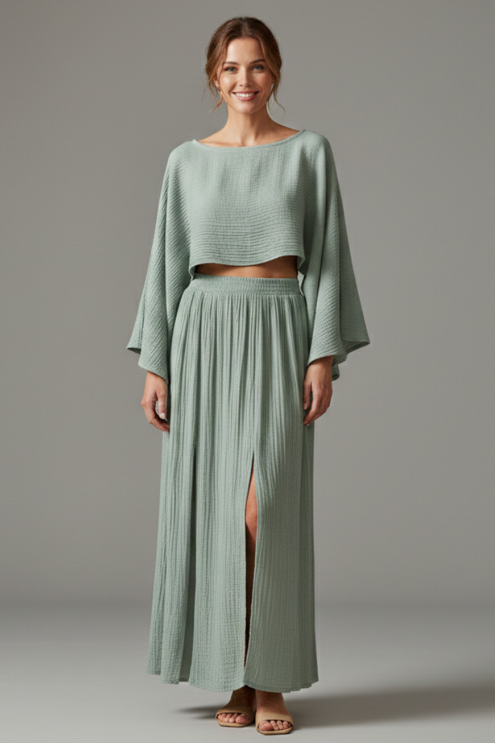 Model wearing textured two piece set front view