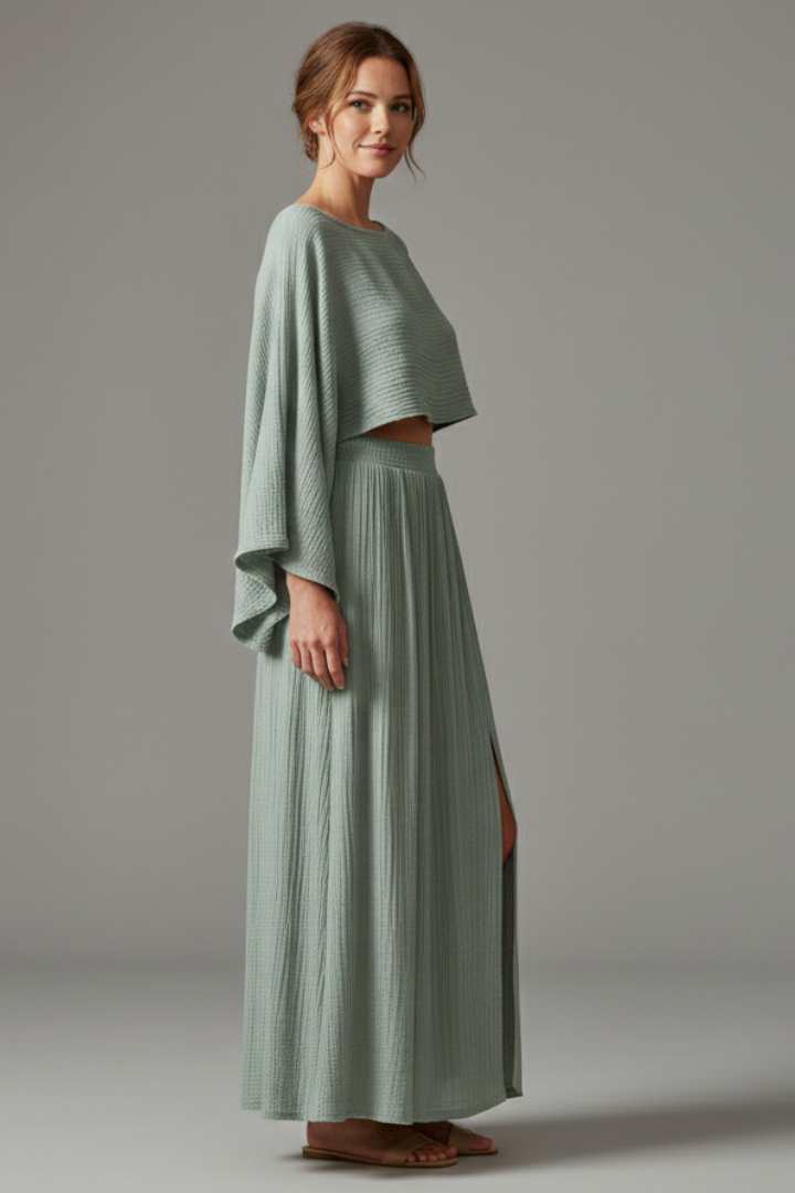 Front angle textured coordinated outfit on model