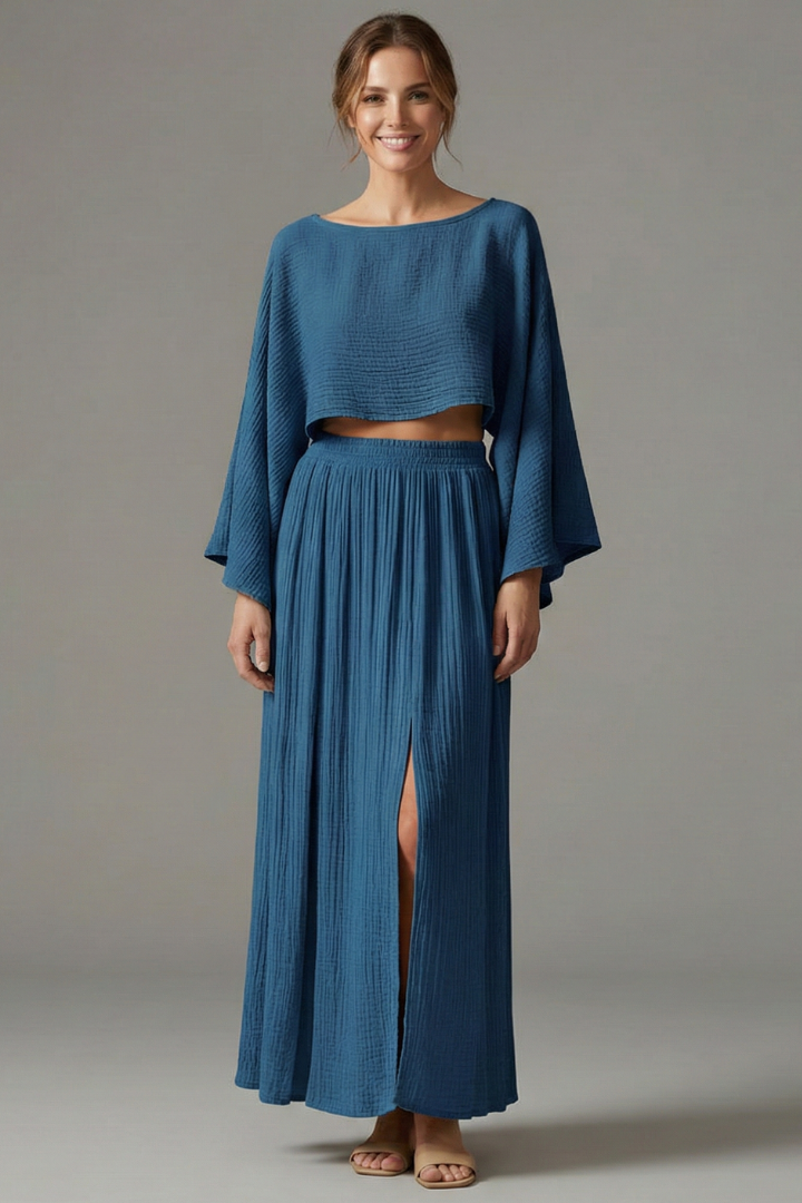 Model wearing elegant two piece outfit blue set, front view angle