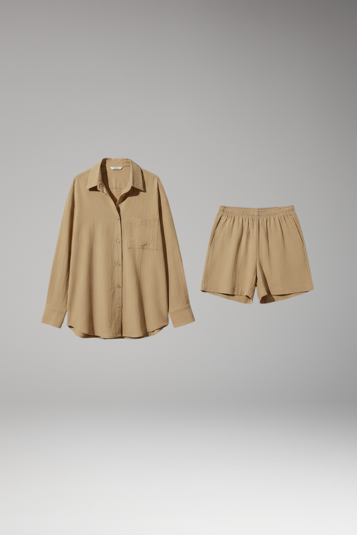 Matching collared top and short on gray background